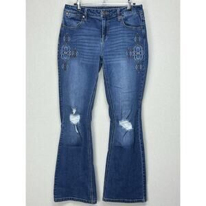 Wrangler Embroidered Aztec Distressed Blue Denim Jeans Women's Size 9x32 Bootcut